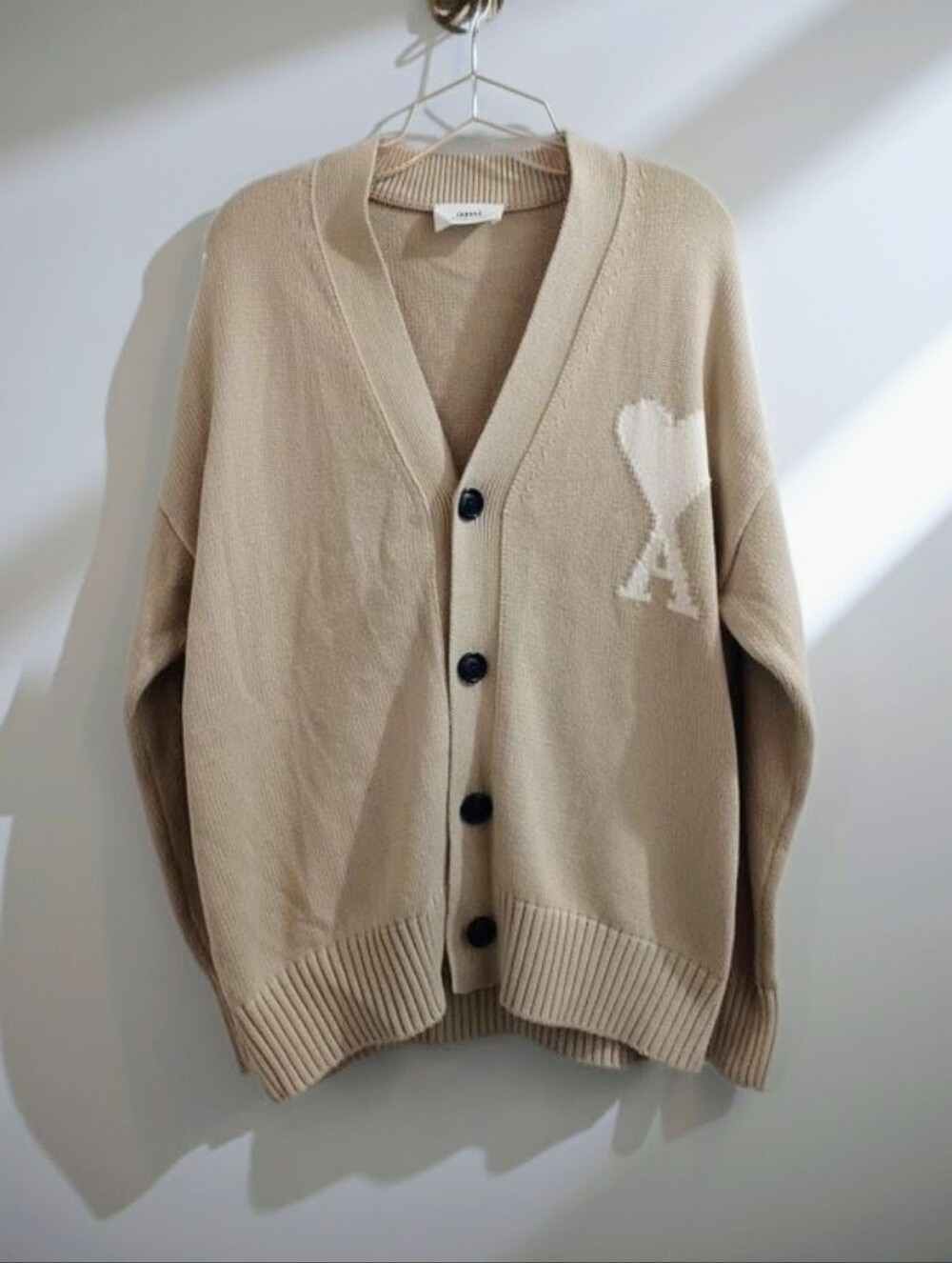 AMI Paris Beige Heart A Luxe Cotton Cardigan Sweater